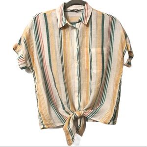 Madewell Pineapple Stripped Linen Tie Front Top